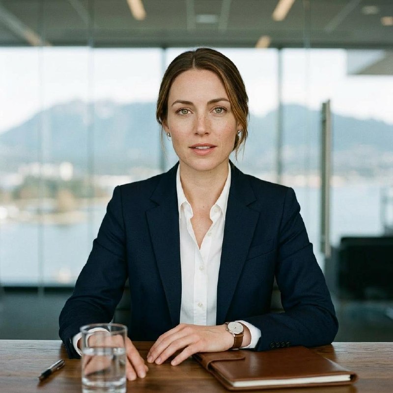 Hallie in a high-floor boardroom, navy blazer over a crisp white shirt — the visible identity she chose.